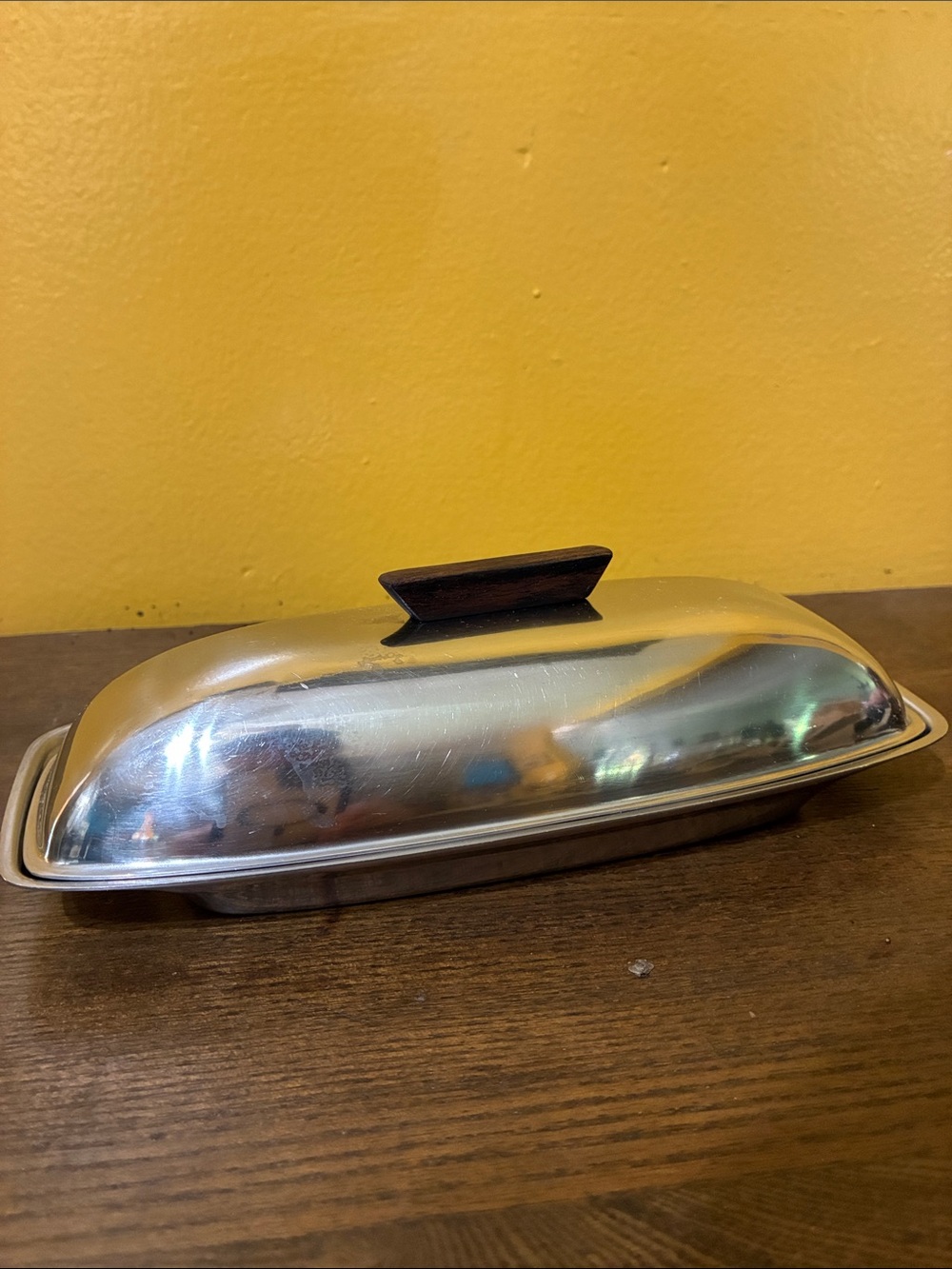 Stainless Steel Butter Dish with Dark Wood Handle